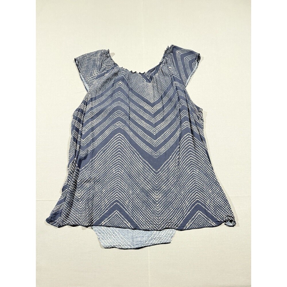 Gap Women's Top Geometric Design Blue Cap Sleeve Blouse XL With Ribbon Tie Back